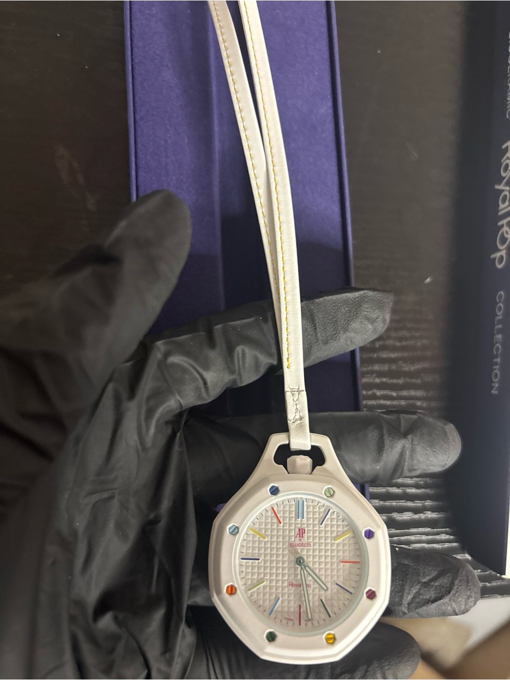 Swatch Royal Pop White Octagon Quartz Analog 41mm 30m Leather Strap Box